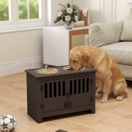 Dog Food Storage Cabinet with Pull-Out Feeding Station – Espresso Wooden Pet Feeder with 2 Stainless Steel Bowls – Multi-functional Pet Furniture