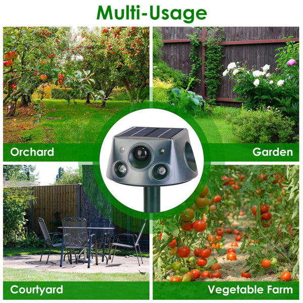 Solar & Type-C Rechargeable Animal Repeller – 3 Modes: Ultrasonic, Buzzer & Vibration – IP66 Waterproof Pest Deterrent for Garden & Farm