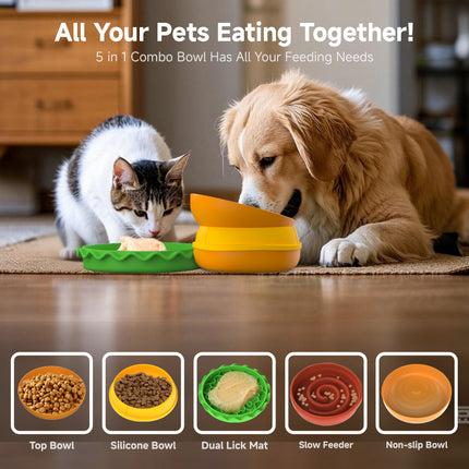 5-in-1 Hamburger Pet Bowl Set – Creative Multi-Layer Food and Water Bowls – Interactive Puzzle Feeder for Cats and Small Dogs – Space-Saving Stackable Design