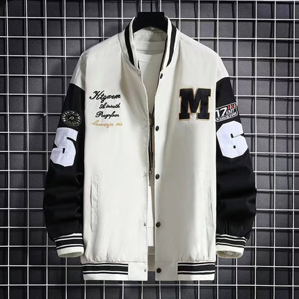 Men's Letter and Number Print Baseball Jacket with Button Front - M / Beige