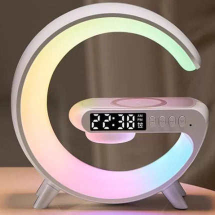5-in-1 Smart G-Shaped LED Lamp – Bluetooth Speaker & 15W Fast Wireless Charger – RGB Atmosphere Night Light with APP Control