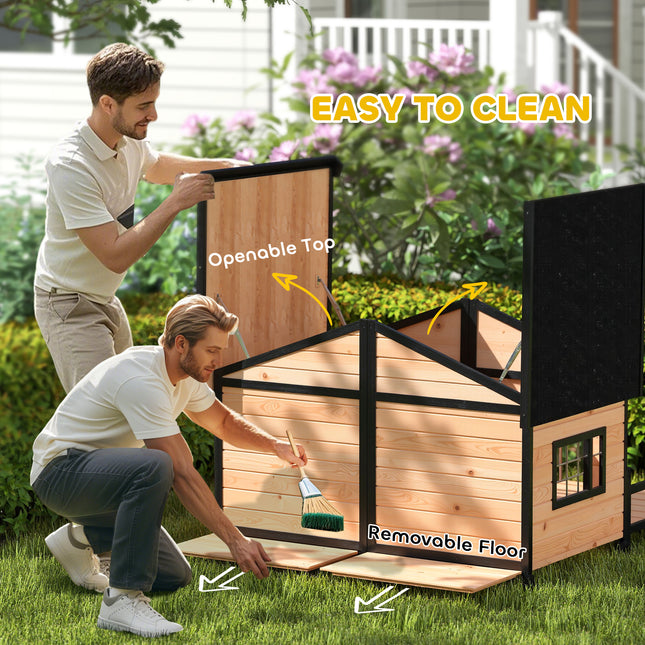 Luxury Natural Wood Double Dog House with Porch – Dual Room Outdoor Kennel with Openable Roof & Removable Floor – Weatherproof Pet Villa