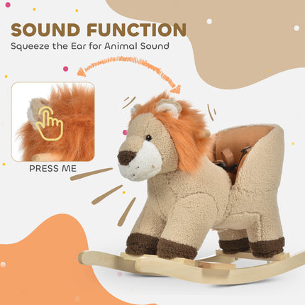 Plush Baby Rocking Lion with Sound – Wooden Rocking Animal with Safety Seat Belt – Interactive Toddler Rocker for 18-36 Months