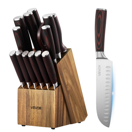 15-Piece Professional Kitchen Knife Set with Wooden Block – High-Carbon Stainless Steel – Built-in Sharpener Rod & Steak Knives