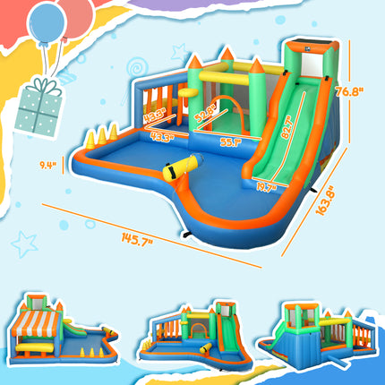 8-in-1 Inflatable Bounce House & Water Slide – Huge Jumping Castle with 680W High-Power Blower – Double Slides, Climbing Wall & Splash Pool – Premium Backyard Fun for Kids