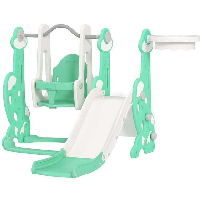 4-in-1 Toddler Slide and Swing Set – Indoor & Outdoor Playground with Climber & Basketball Hoop – Safe Activity Center for Ages 1.5-4 (Green)