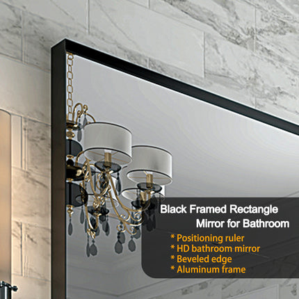 40" x 30" Glossy Black Bathroom Wall Mirror – Large Rectangular Vanity Mirror with Aluminum Frame – Modern Decorative Mirror for Home & Hotel