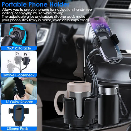 2-in-1 Car Cup Holder Expander & Phone Mount – Universal Automotive Drink Holder with 360° Rotating Gooseneck Phone Stand – Adjustable Base for All Vehicles