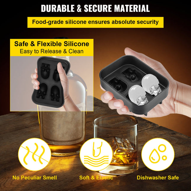 4-Grid Skull Ice Cube Tray – Flexible Silicone Mold with Lid & Funnel – 1.6"x1.8" Skull Ice Maker for Whiskey, Cocktails & Halloween