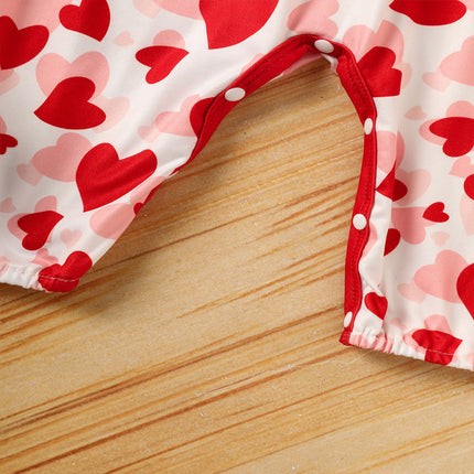 Baby Girl Valentine's Day Romper – Heart Print Long Sleeve Bodysuit with Ruffle Trim & Bow – Sweetheart Holiday Outfit