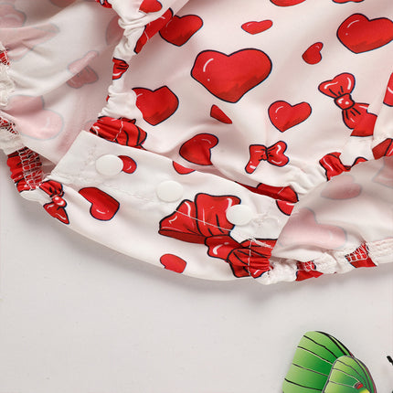 Baby Girl Heart & Bow Print Romper – Pink Ruffle Trim Bodysuit – Sweetheart Long Sleeve One-Piece for Infants