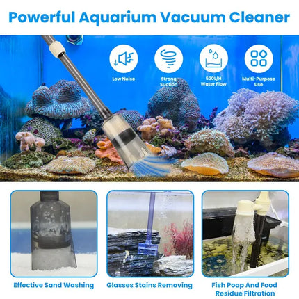6-in-1 Electric Aquarium Gravel Cleaner – Automatic Fish Tank Vacuum & Siphon – Length Adjustable Sand Washer with Water Changer & Algae Scraper