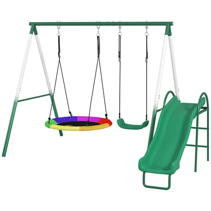 Metal Swing Set with Slide and Saucer Swing – Heavy-Duty A-Frame Stand – Adjustable Rope Outdoor Playset for Backyard – Dark Green