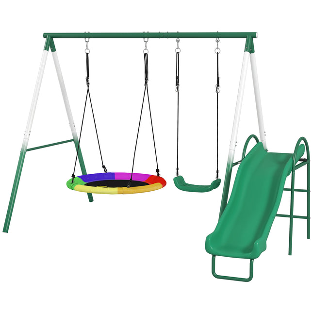 Metal Swing Set with Slide and Saucer Swing – Heavy-Duty A-Frame Stand – Adjustable Rope Outdoor Playset for Backyard – Dark Green