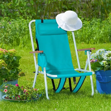 Premium 4-Position Folding Beach Chair – Portable Backpack Chair with Wooden Armrests, Headrest & Cup Holder – Forest Green