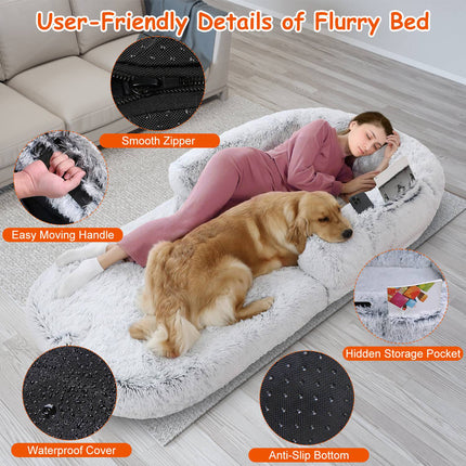 3-Piece Human Dog Bed Set – Includes Pillow & Blanket – 71"x45" Large Human-Sized Dog Bed for Adults, Kids & Pets – Machine Washable & Foldable (Grey)