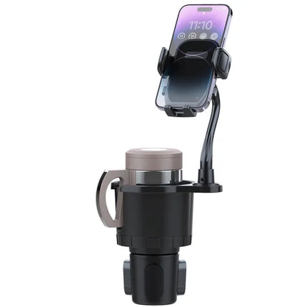 2-in-1 Car Cup Holder Expander & Phone Mount – Universal Automotive Drink Holder with 360° Rotating Gooseneck Phone Stand – Adjustable Base for All Vehicles