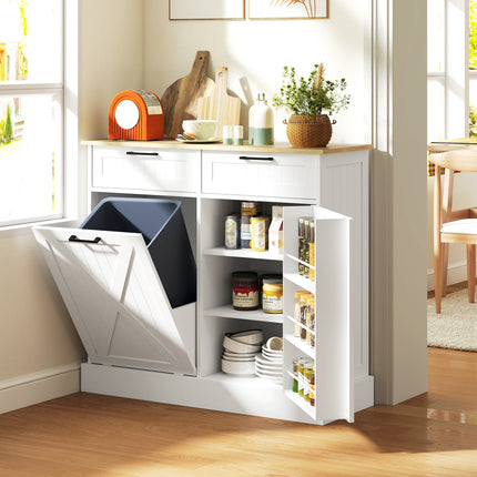 White Farmhouse Tilt-Out Trash Can Cabinet – 10 Gallon Hidden Waste Bin Holder – Modern Wooden Kitchen Island with 2 Storage Drawers