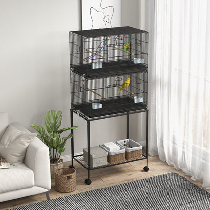 Double Stackable Bird Cage with Rolling Stand – 2-Tier Wrought Iron Flight Cage for Canaries & Finches – Detachable Breeding Cage on Wheels