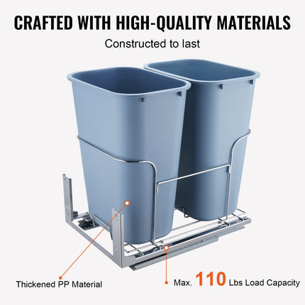 Dual Pull-Out Trash Can for Kitchen Cabinet – 2x35L Double Waste Bins – Heavy Duty Under-Mount Slide System with 110 lbs Capacity
