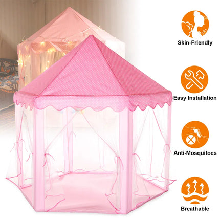 Princess Castle Play Tent for Girls – Large Hexagon Kids Playhouse with Starry Tulle Curtains – Indoor & Outdoor Fairy Tale Secret Base