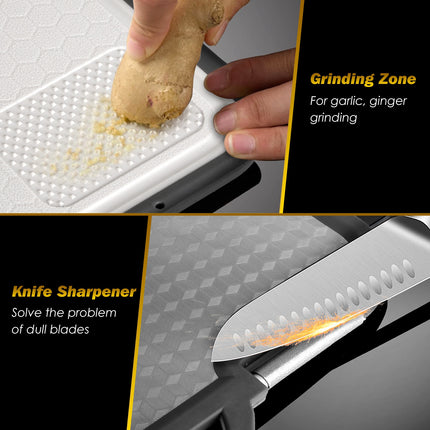 ProPrep™ Multi-Functional Chopping Board – Antibacterial Stainless Steel Surface with Knife Sharpener Handle