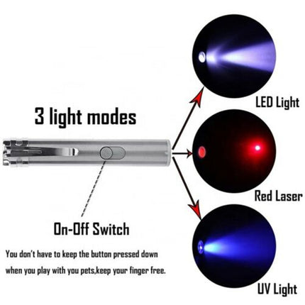 3-in-1 Rechargeable Cat Laser Toy – Red Laser Pointer, White LED Flashlight & UV Light – Interactive Exercise Toy for Cats and Dogs – No Battery Needed