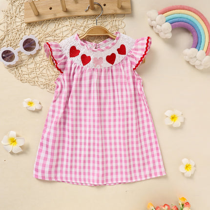 Baby Girl Valentine's Day Smocked Dress – Pink Plaid Heart Embroidery Party Outfit – Ruffle Sleeve Vintage Style Holiday Dress