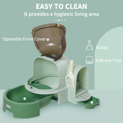 High-Sided Open Cat Litter Box – Anti-Splashing Kitty Litter Pan with Scoop – Easy-to-Clean Modern Pet Washroom (Green)