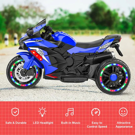 12V Electric Ride-On Motorcycle for Kids – Glowing LED Wheels & Bluetooth Music – Battery Powered Sport Bike with Training Wheels (Blue)