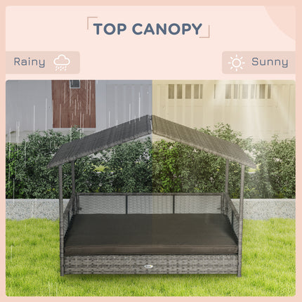 Luxury Rattan Outdoor Dog Bed with Removable Canopy – All-Weather Wicker Pet Daybed – Charcoal Gray Sofa with Washable Cushion for Medium & Large Dogs