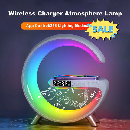 4-in-1 Smart G-Shape LED Atmosphere Lamp – Fast Wireless Charger, Bluetooth Speaker, & Sunrise Wake-Up Light – App Control RGB Nightstand Lamp