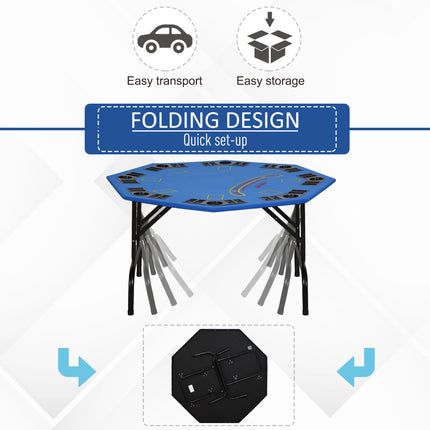 47" Octagon Folding Poker Table – 8-Player Casino Game Table with Professional Blue Felt – Includes Cup Holders & Chip Trays – Portable Blackjack & Hold'em Table