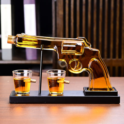 Luxury Whiskey Gun Decanter Set with Mahogany Wooden Stand – 2 Bullet Embedded Glasses – Unique Pistol Liquor Dispenser Gift for Dad, Husband & Men