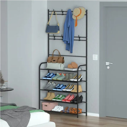 All-in-One Entryway Coat Rack & Shoe Bench – Industrial Hall Tree with Hat Hooks & 3-Tier Storage Shelves – Freestanding Garment Organizer