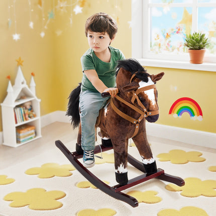 Kids Plush Rocking Horse Chair – Wooden Ride-On Toy with High Back Support & Realistic Sounds – For Toddlers 18-36 Months (Dark Brown/White)