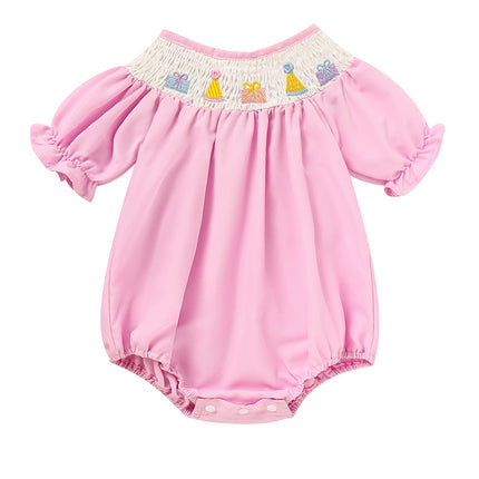Baby Girl First Birthday Smocked Romper – Embroidered Birthday Cake Princess Bodysuit – Vintage Style Short Sleeve Bubble Romper