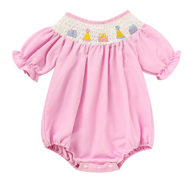 Baby Girl First Birthday Smocked Romper – Embroidered Birthday Cake Princess Bodysuit – Vintage Style Short Sleeve Bubble Romper