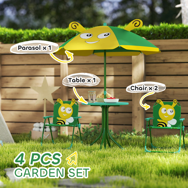 Kids Picnic Table & Chair Set with Adjustable Umbrella – Portable Outdoor Activity Table – 4-Piece Set for Garden, Beach & Camping (Green)