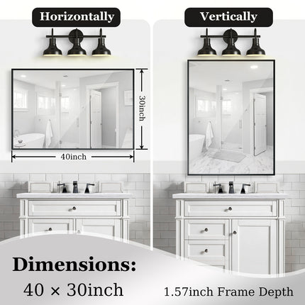 40" x 30" Glossy Black Bathroom Wall Mirror – Large Rectangular Vanity Mirror with Aluminum Frame – Modern Decorative Mirror for Home & Hotel