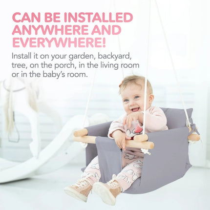 Premium Canvas & Wooden Baby Swing – Indoor/Outdoor Hanging Seat with Safety Belt – Modern Boho Infant Swing Chair – Taupe Gray