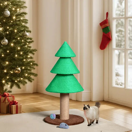 31.5" Christmas Tree Cat Scratcher – Large Sisal Scratching Post for Indoor Cats – Festive Holiday Cat Scratch Tower with Toy Balls (Green)