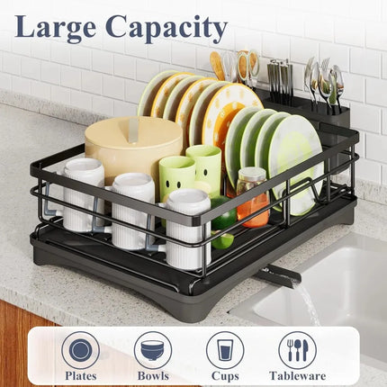 2-in-1 Kitchen Organization Set – 2-Tier Large Dish Drying Rack with Drainboard & Pull-Out Under Sink Organizer Rack – Black Metal