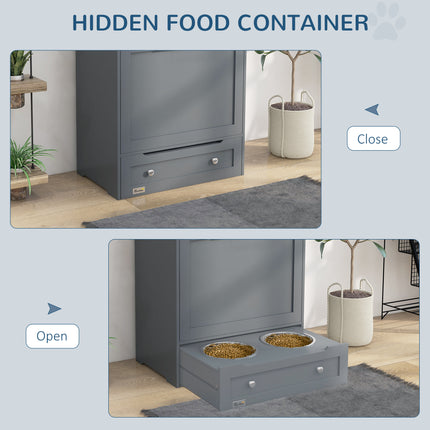 Wooden Pet Feeder Station with Storage Cabinet – Hidden Pull-Out Dog Food Bowl Drawer – Airtight Dog Food Storage Locker with Raised Bowls
