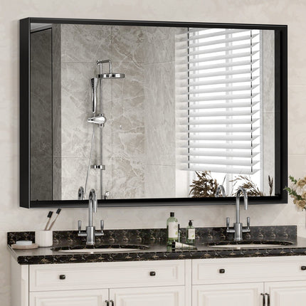40" x 30" Glossy Black Bathroom Wall Mirror – Large Rectangular Vanity Mirror with Aluminum Frame – Modern Decorative Mirror for Home & Hotel