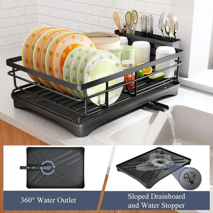2-in-1 Kitchen Organization Set – 2-Tier Large Dish Drying Rack with Drainboard & Pull-Out Under Sink Organizer Rack – Black Metal