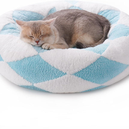 Mewoofun Donut Cat Bed – 23-Inch Calming Round Pet Bed – Blue Check Jacquard Shaggy Plush Bed for Indoor Cats & Small Dogs