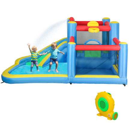 Inflatable Water Slide & Bounce House – Giant Splash Pool Play Center with 550W Blower – Trampoline, Basketball Hoop & Dart Board