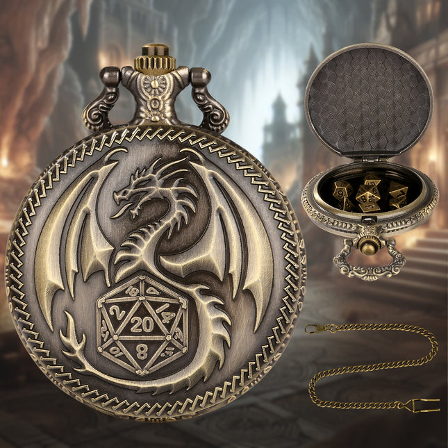 DND Pocket Watch Dice Set – 7Pcs Mini Polyhedral Metal Dice with Vintage Case – RPG Gaming Accessory & Unique Gift for Dungeons and Dragons Players