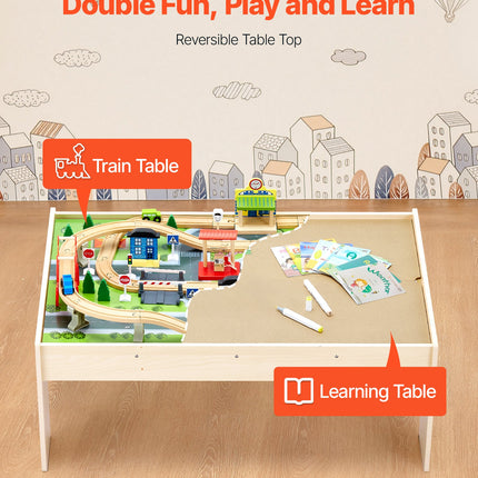 84-Piece Wooden Train Table Set – Complete Kids' Activity Station with Collapsible Storage Bin – Durable Play Table for Toddlers & Children
